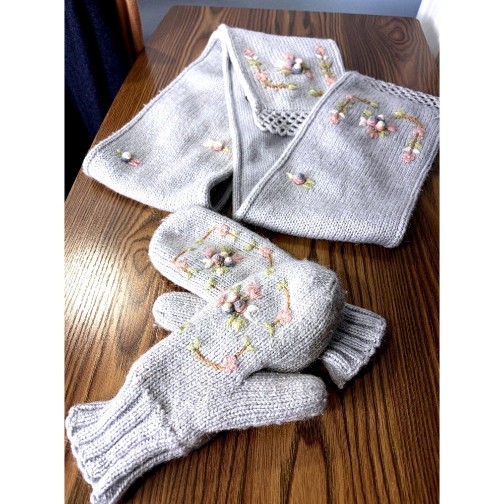 Neckworks Gray Alpaca Blend Embroidered Scarf Mittens Set Cozy Cottage Fairy